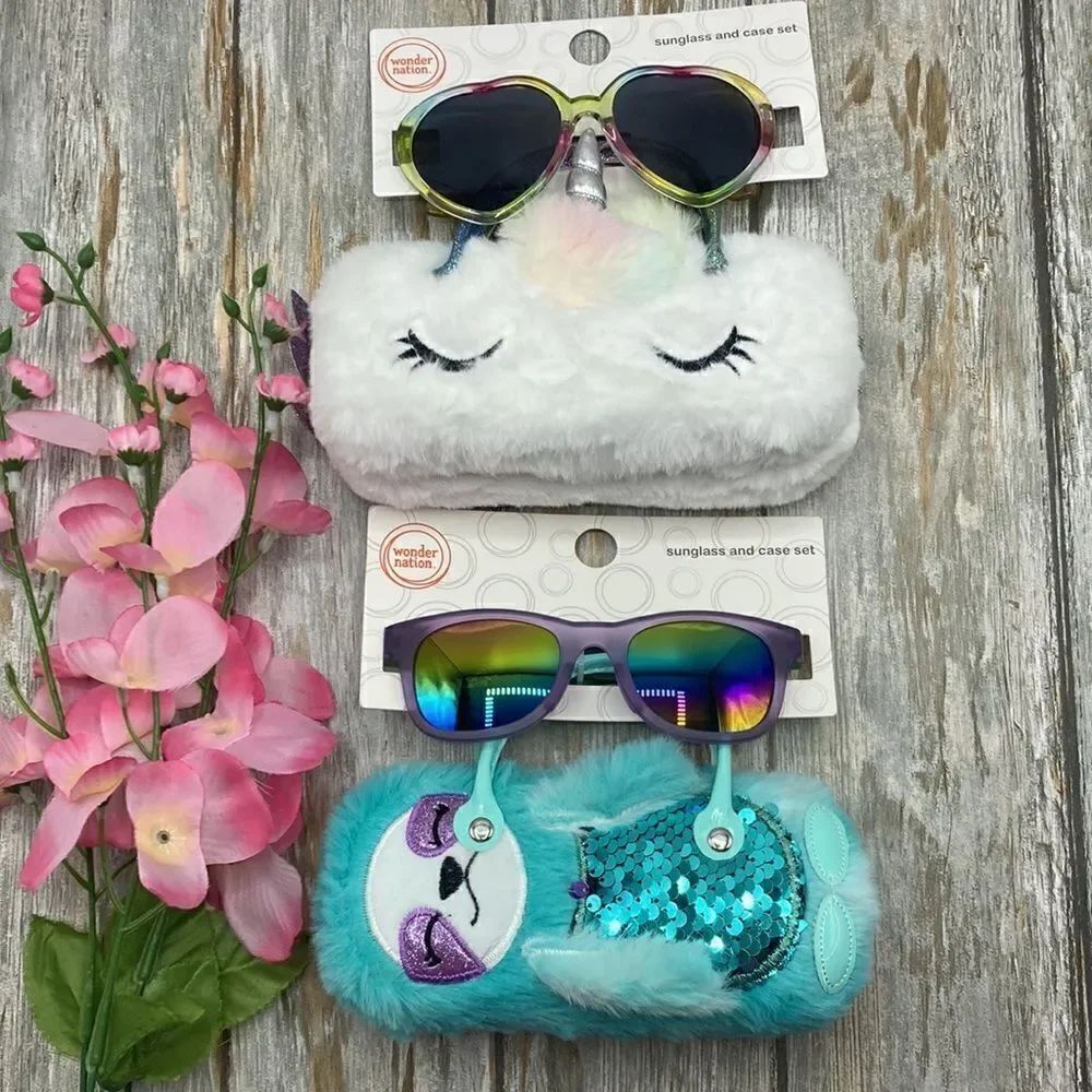 Girls Fun Summer Sunglasses With Unicorn & Sloth Faux Fur Carrying Cases 2-Pack